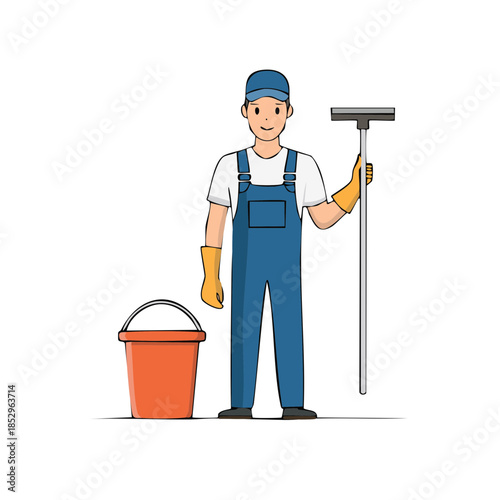 Cartoon illustration of a smiling janitor in uniform holding a squeegee with bucket