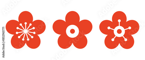 Isolated Asian Flower Icon Set with Bold Red Petals, Minimal Geometric Stamen Design for Cultural Branding, Decorative Patterns, Packaging Labels, and Festive Identity
