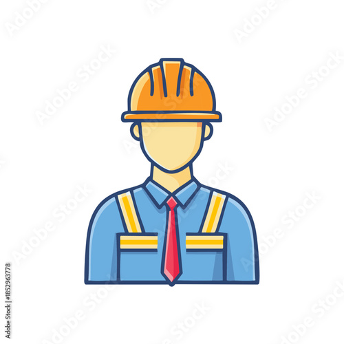 Construction Worker Icon with Hard Hat and Tie. Worker wearing safety gear, blue overalls, yellow stripes, in vector format.