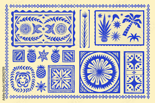 A collection of vintage blue and white botanical and geometric patterned tiles
