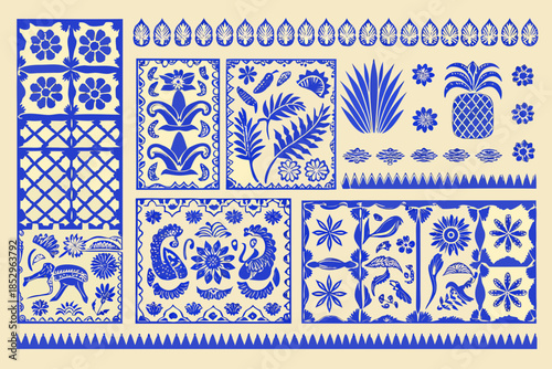 Intricate blue and white ceramic tile patterns with floral and botanical motifs