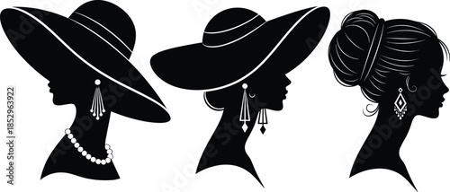 Elegant women silhouette profiles with hats, earrings, and hairstyles, showcasing fashion accessories and timeless beauty in vector art.