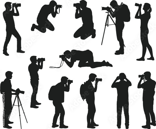 Photographer silhouettes set illustrating dynamic professional shooting poses with cameras and tripods black vector illustration isolated on white background studio