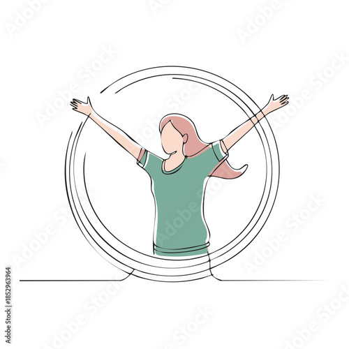 Minimalist Artwork: Woman with Arms Raised in Victory Silhouette within an Abstract Circle