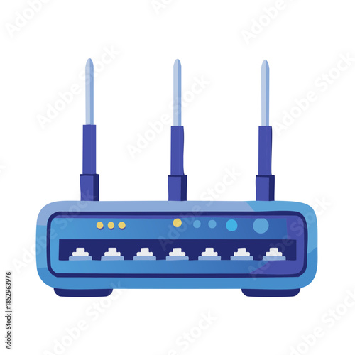 Blue Wireless Router with Antennas Illustrates Home Network Technology and Connectivity