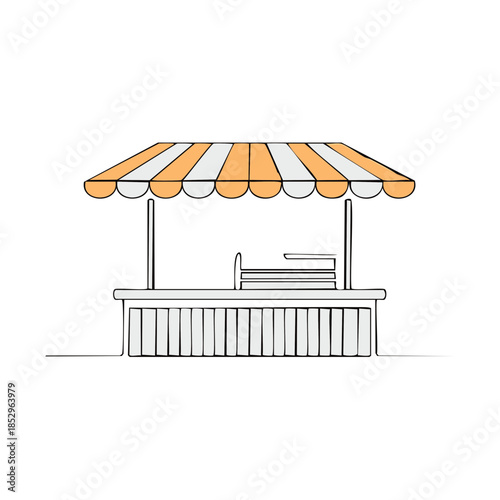 Simple illustration of food stand with awning in cream and apricot on white. Isolated street food seller stall with minimalist line art.