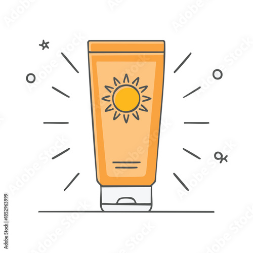Sunscreen tube with sunshine symbol for summer vacation protection against ultraviolet rays and sunburn prevention