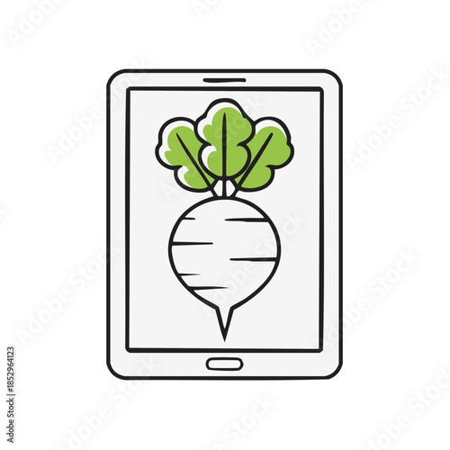 Digital Tablet Displaying Radish Vegetable Graphic with Green Leaves for Farm Technology Designs