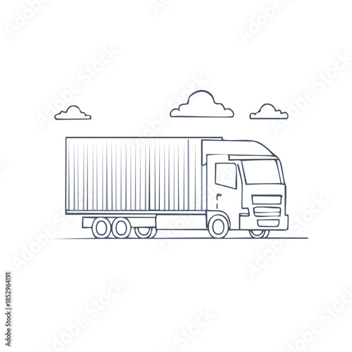 Line art of a delivery truck driving with clouds in the background representing logistics transport and delivery