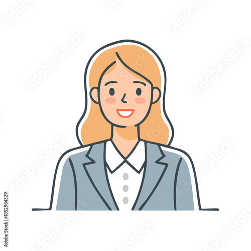 Confident blonde woman in a professional suit jacket smiles in a portrait with a simplistic vector drawing style