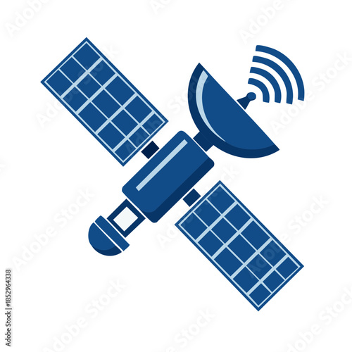 Satellite with solar panels orbiting in space, transmitting signal in blue vector illustration for telecommunication system needs
