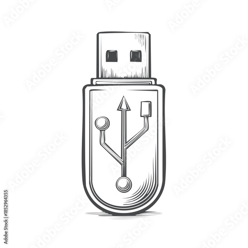 USB Flash Drive Drawing of a Storage Device in Sketch Style Isolated