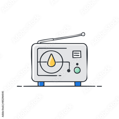 Vintage radio illustration with antenna, dial and drop, vector graphic design, retro tuner on white, radio waves.