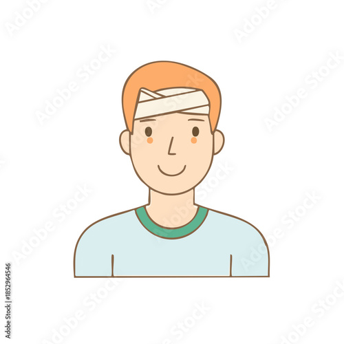 Illustration of a Smiling Man with Head Bandage Seeking Medical Attention and Healing