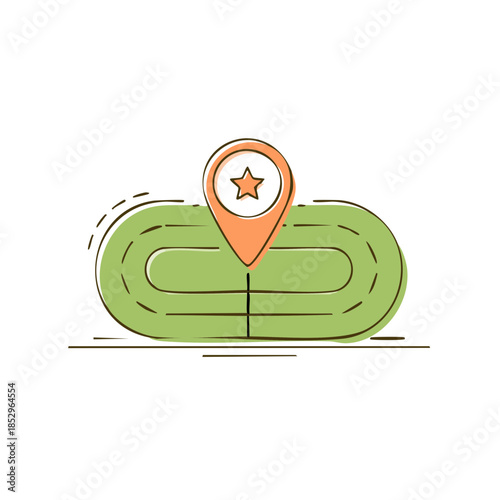 Running track with location pin, vector illustration of athletic field with star marker, location service