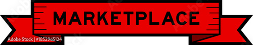 Ribbon label banner with word marketplace in red color on white background