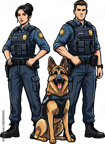 Professional K9 Police Team Vector Illustration