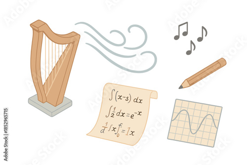 Aeolian Harp Calculus. Isometric vector illustration set Aeolian Harp Calculus: wooden harp frame, flowing wind lines, musical