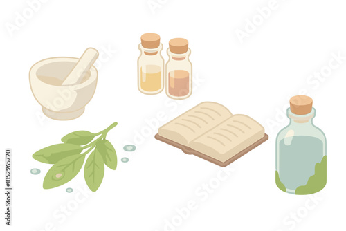 Botanical Alchemist Table. Isometric vector illustration set Botanical Alchemist Table: mortar and pestle, wet herbs, small vials,