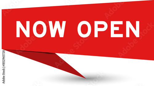 Red color speech banner with word now open on white background
