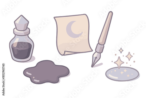 Arcane Ink Collection. Isometric vector illustration set Arcane Ink Collection: crystal vial, black ink puddle, moonlit paper