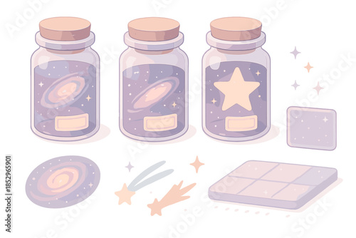 Cosmic Curiosity Cabinet. Isometric vector illustration set Cosmic Curiosity Cabinet: row of specimen jars, tiny galaxies,