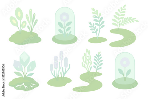 Cryptobotanical Garden Glow. Isometric vector illustration set Cryptobotanical Garden: glowing bioluminescent plants, glass domes,