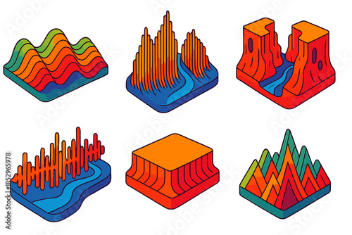 Vibrant Sonic Topography. Isometric vector illustration set Sonic Topography Map: soundwave hills, vibration valley, echo canyon,