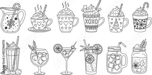 Festive drink collection with hot and cold beverages in decorated mugs, jars, cocktails, milkshakes, and seasonal garnishes.