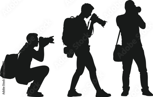 Photographer silhouettes shooting photos with professional cameras in different poses isolated black vector illustration for media journalism photography concept design