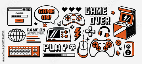 Gaming vector illustration set with game controllers, arcade machine, pixel text, Y2K and UI elements, headset, keyboard, mouse and symbols.