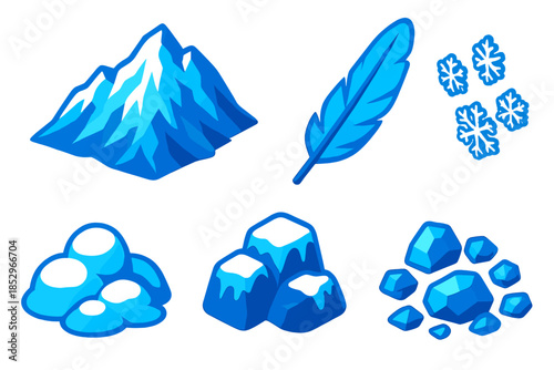 Avalanche Elements Icons. Isometric vector illustration set Avalanche Feather: icy mountain ridge, delicate feather, falling