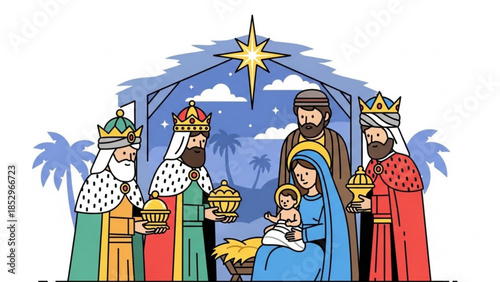 Nativity scene with Mary Joseph baby Jesus and the Three Wise Men traditional Christmas illustration with star and palm trees religious holiday concept
