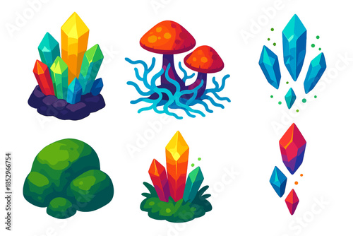 Symbiotic Mineral Growth. Isometric vector illustration set Symbiotic Mineral Growth: luminous mineral clusters, fungal hyphae