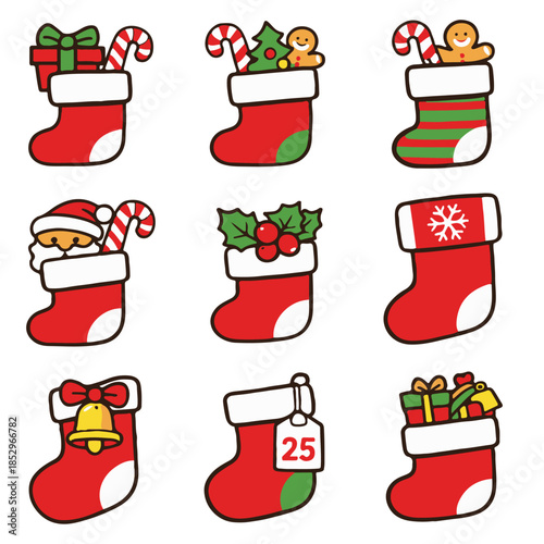 Minimal Christmas Stocking Icon Set – Flat Holiday Vector Icons