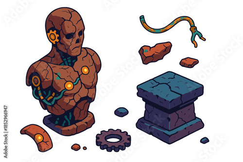 Fossilized Android Relic. Isometric vector illustration set Fossilized Future Artifact: cracked android torso, exposed gears,