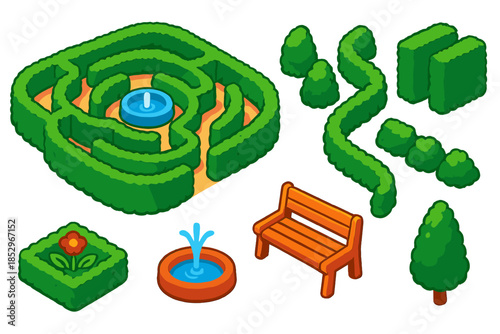 Bold Hedge Maze. Isometric vector illustration set Urban Hedge Maze: hedge maze layout, winding paths, trimmed bushes, small