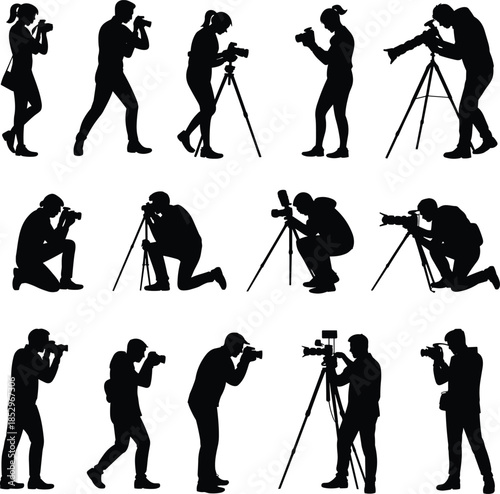Photographer silhouettes set showing various shooting poses with cameras and tripods black vector illustration isolated on white background studio design