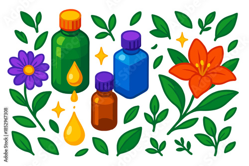 Botanical Essence Icons. Isometric vector illustration set Botanical Essence Story: essential oil bottles, blooming flowers,