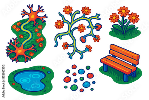 Neuron Garden Pathway. Isometric vector illustration set Neurological Garden Pathway: neuron-inspired garden path, glowing axon