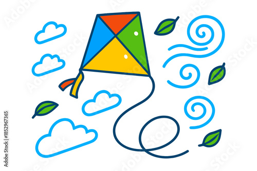 Kite in Vibrant Sky. Isometric vector illustration set Kite String Wind: kite soaring in sky, flowing string lines, miniature wind