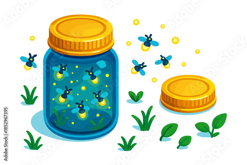 Firefly Jar Glow. Isometric vector illustration set Firefly Jar Glow: mason jar with tiny glowing fireflies, floating light