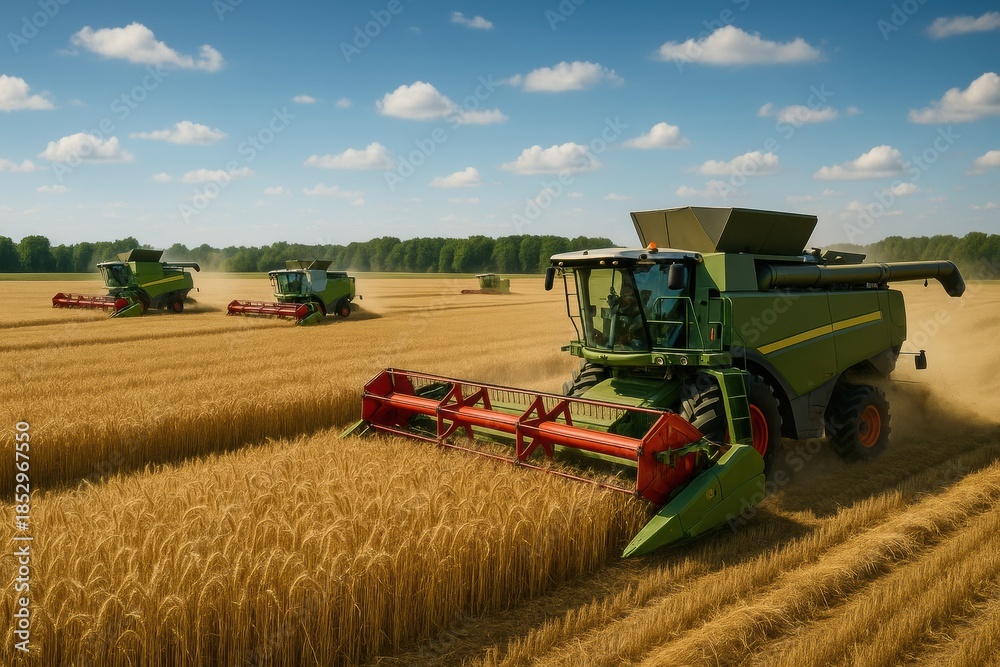 Fototapeta premium Farm equipment gathers wheat from fields while dust rises in the air amidst a beautiful summer landscape during the afternoon.