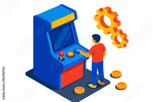 Arcade Game Interaction. Isometric vector illustration set Mechanic Player Interaction: arcade game console, tiny player figure,