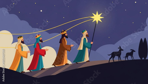 Three Wise Men following the Star of Bethlehem a religious illustration for Christmas and Nativity scenes with two dogs on a dark night