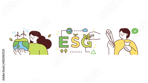 People demonstrate ESG principles with environmental and social responsibility.
