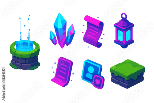 Holographic Memory Well. Isometric vector illustration set Forgotten Memory Well: holographic memory streams, glowing crystal