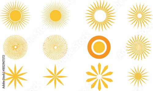 Abstract sun symbols vector illustration set with radiant solar shapes sunshine icons and decorative circular elements
