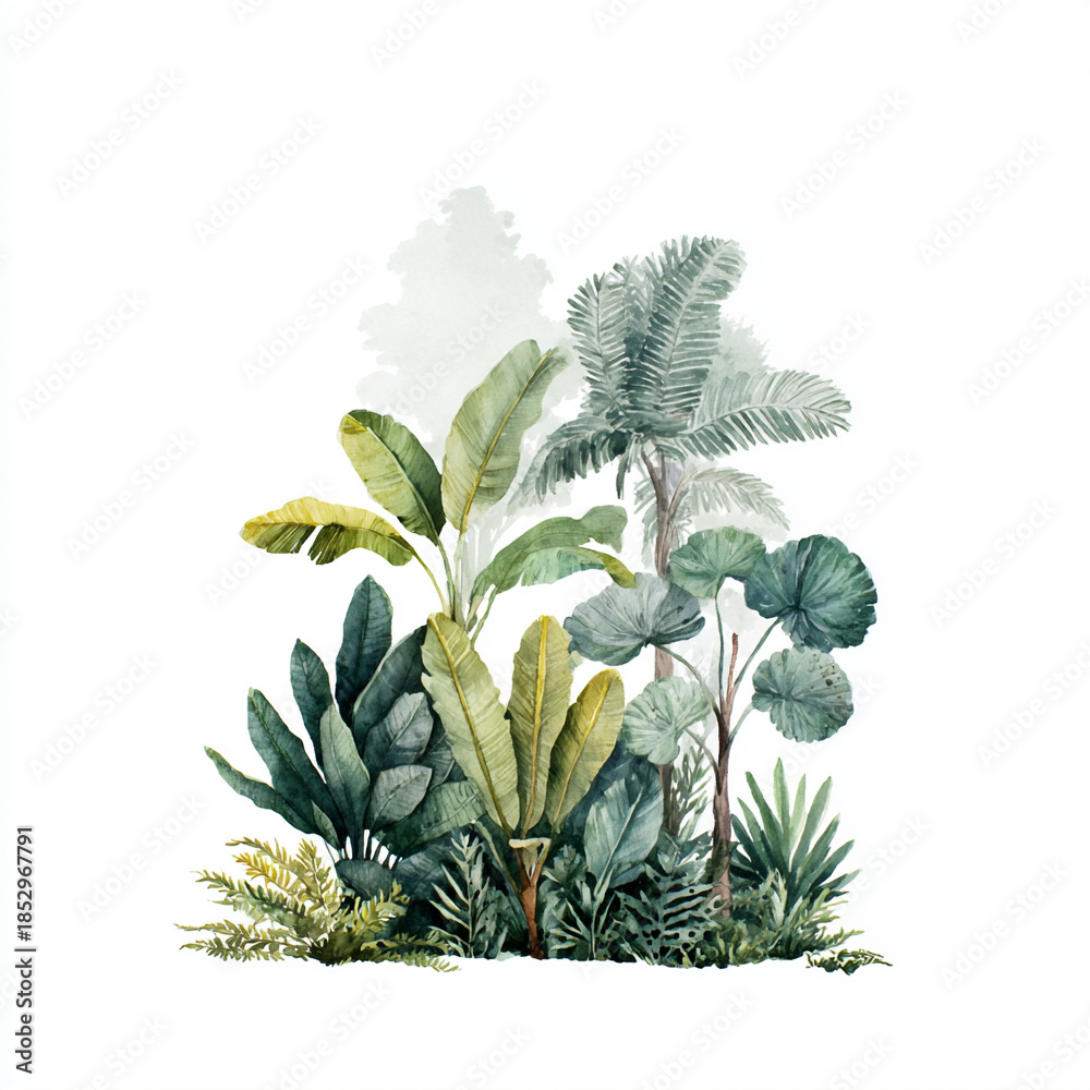 Fototapeta premium Watercolor tropical foliage compositions featuring monstera leaves, palm branches, and lush greenery arranged in elegant botanical clusters. 