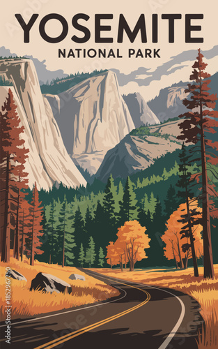 Yosemite travel poster, vintage-inspired national park print featuring towering granite cliffs